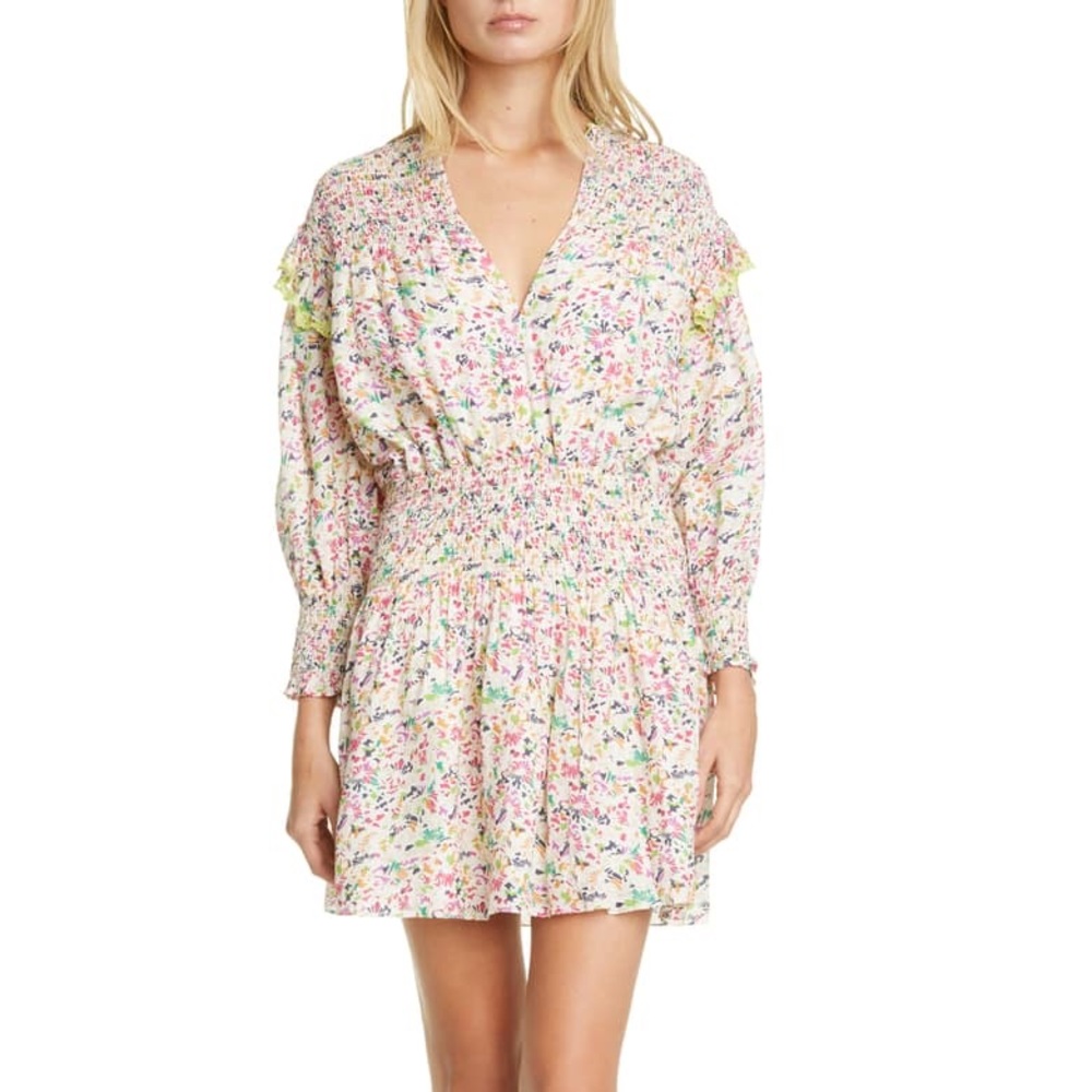 White, blue, pink flora long sleeve dress